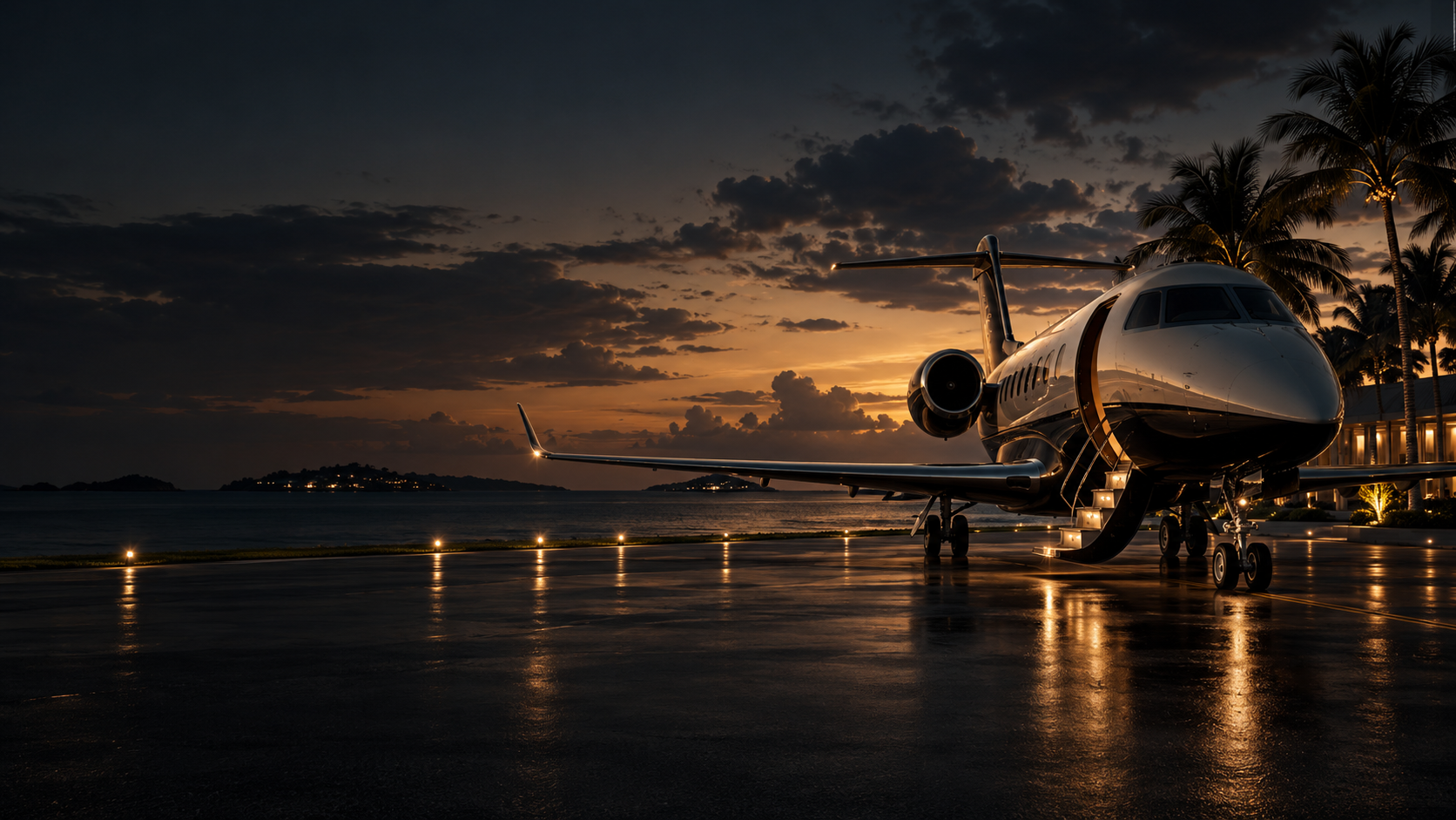 Private jet on the tarmac at golden hour, ready for departure
