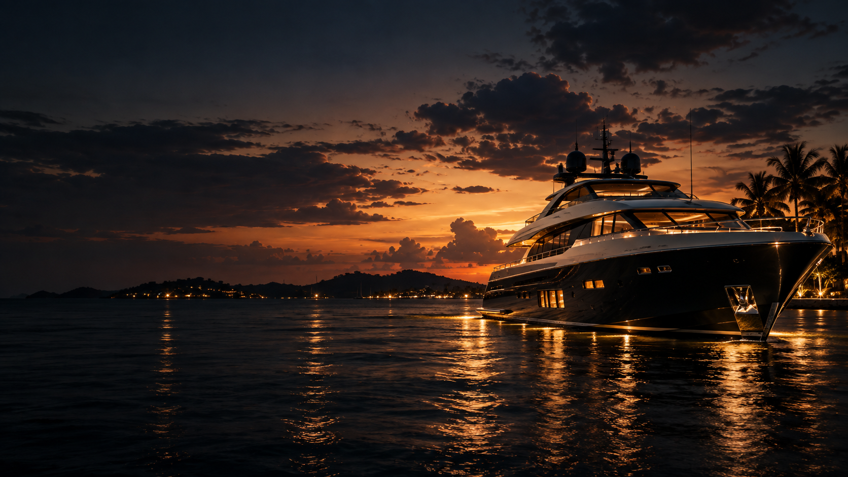Private yacht on calm Nassau water at sunset