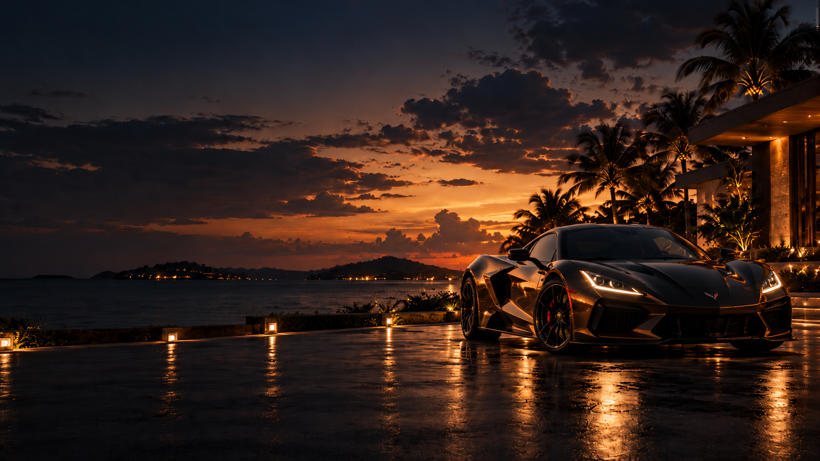 Luxury car parked at a private Bahamas villa at golden hour