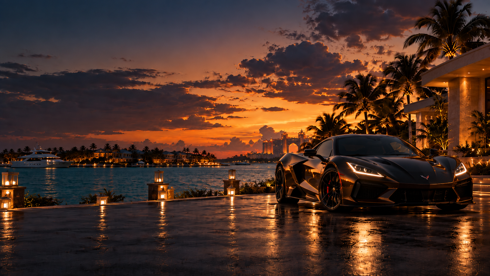 Luxury sedan on a sunlit coastal road, arranged for a private arrival