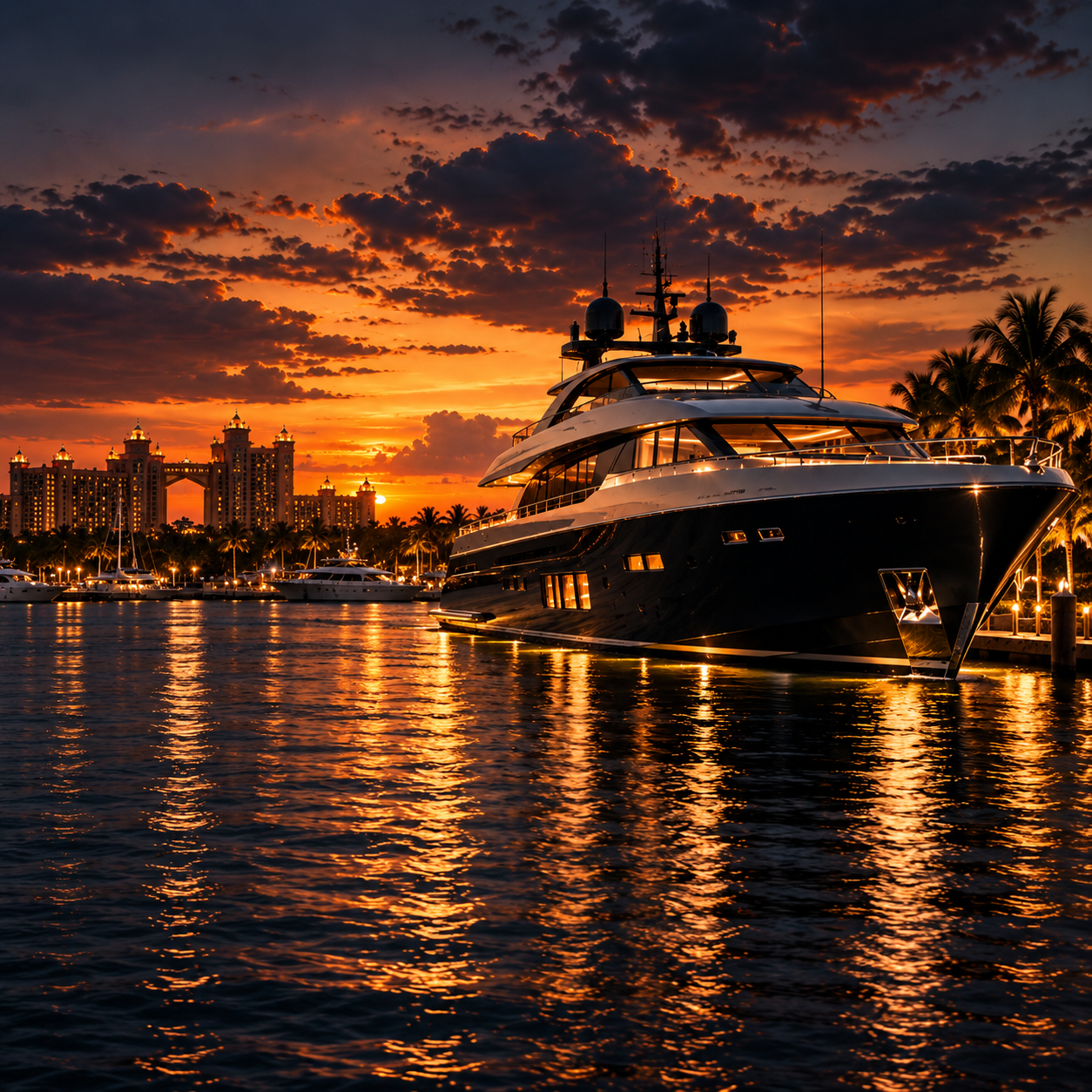 Private yacht at dusk in Nassau harbour