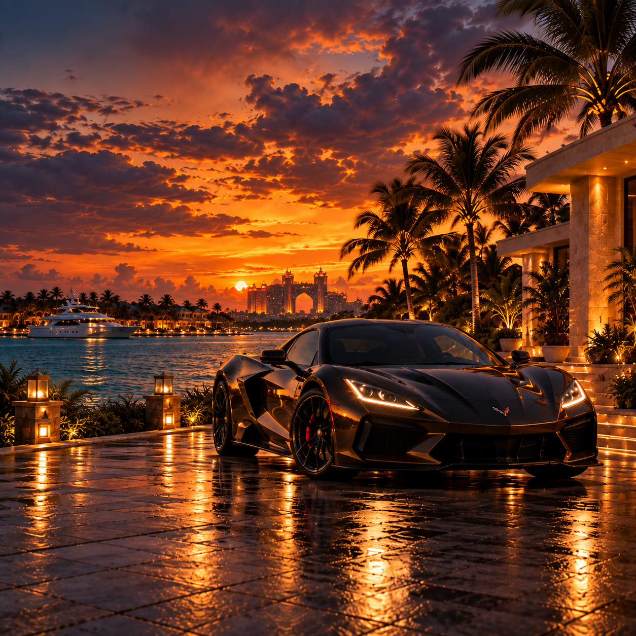 Black exotic sports car on a waterfront drive at sunset in Nassau