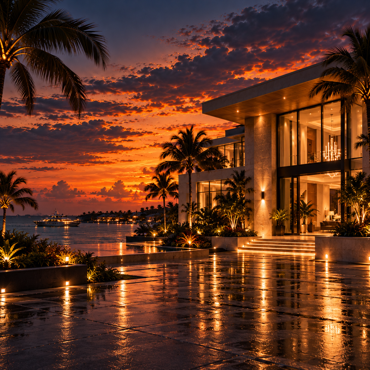 Lit waterfront villa at dusk, prepared for a private evening in Nassau