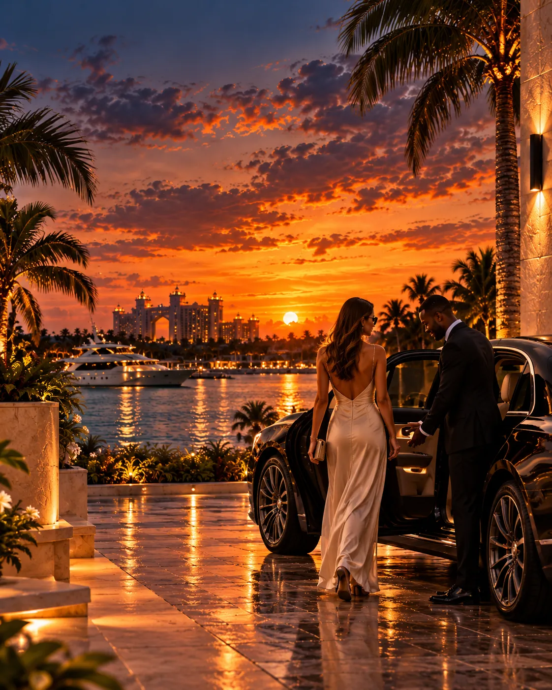 Evening arrival by car on a Nassau waterfront, yacht and skyline beyond